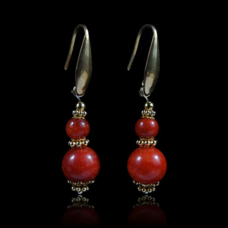 Coral-red-dyed-chalcedony-beaded-earrings-pvd-plated-stainless-steel-hooks-04229-0
