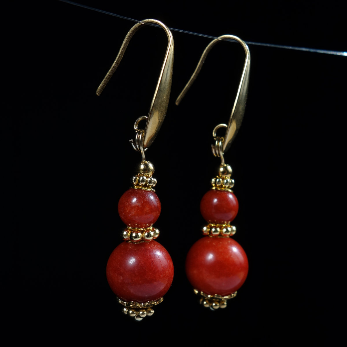 Coral-red-dyed-chalcedony-beaded-earrings-pvd-plated-stainless-steel-hooks-04233-1