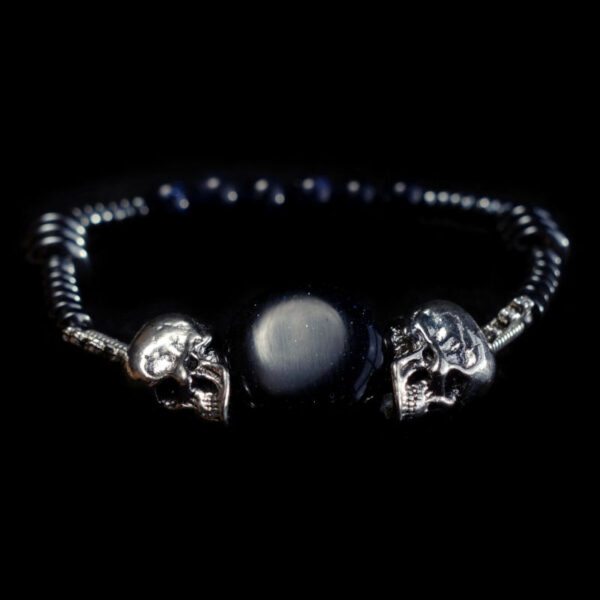 Cosmic Mortality Skull Bracelet Metal Punk Pirate Style Hematite Hematine Cosmic Blue Sandstone Goldstone Glass Gears