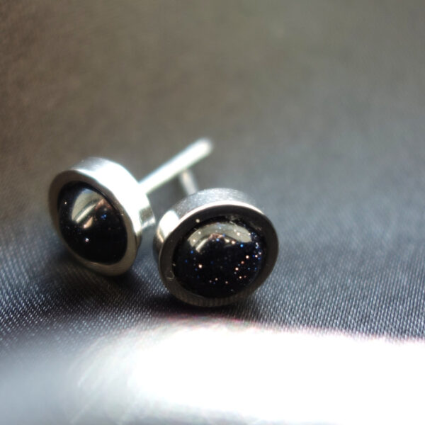 Cosmic Blue Goldstone Stud Earrings Sandstone Glass Beads Hypoallergic Stainless Steel