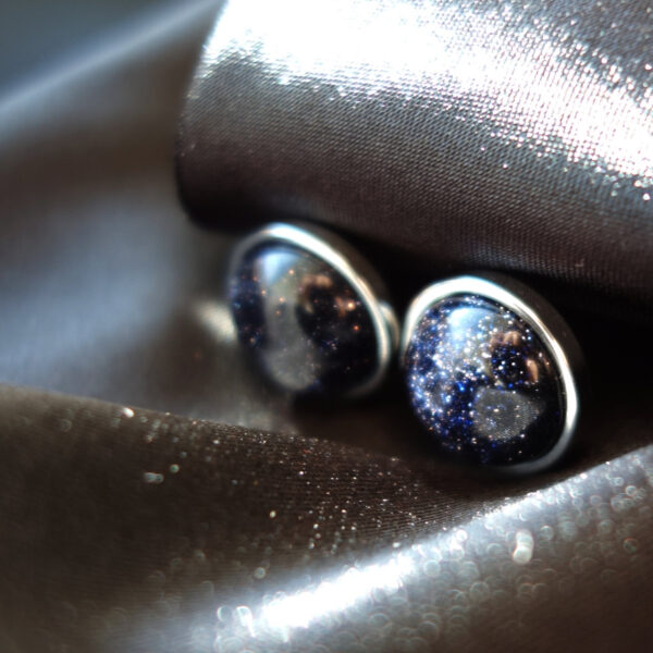 Cosmic Blue Goldstone Stud Earrings Sandstone Glass Beads Hypoallergic Stainless Steel