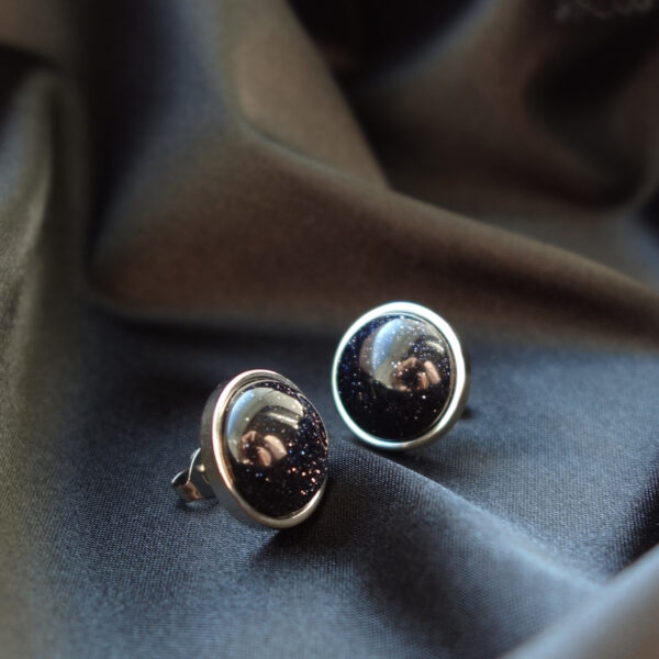 Cosmic Blue Goldstone Stud Earrings Sandstone Glass Beads Hypoallergic Stainless Steel