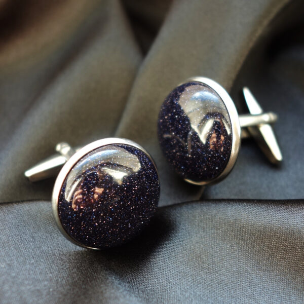 Cosmic Blue Goldstone Cufflinks Sandstone Glass Beads Hypoallergic Stainless Steel