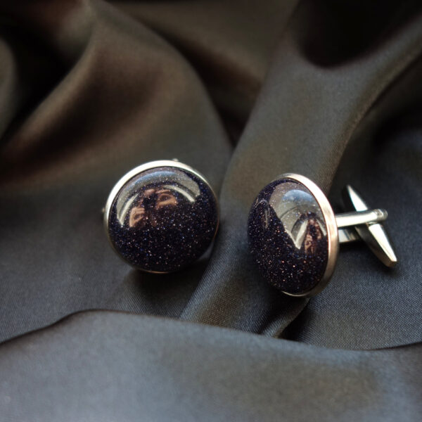 Cosmic Blue Goldstone Cufflinks Sandstone Glass Beads Hypoallergic Stainless Steel