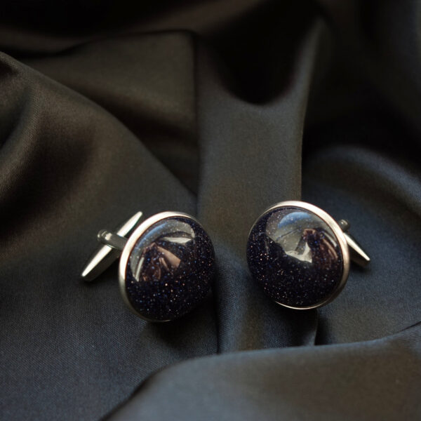 Cosmic Blue Goldstone Cufflinks Sandstone Glass Beads Hypoallergic Stainless Steel