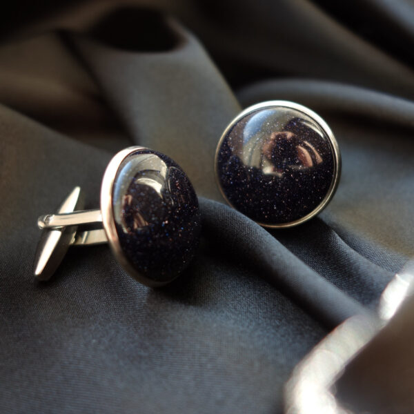 Cosmic Blue Goldstone Cufflinks Sandstone Glass Beads Hypoallergic Stainless Steel