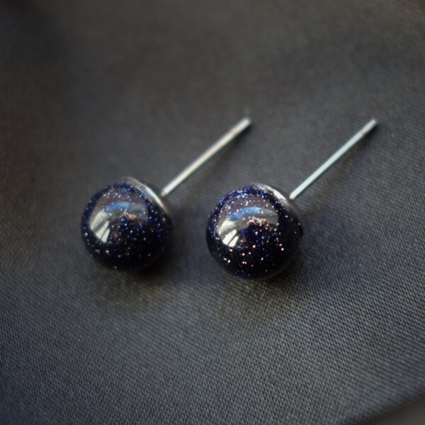 Cosmic Blue Goldstone Stud Earrings Sandstone Glass Beads Hypoallergic Stainless Steel