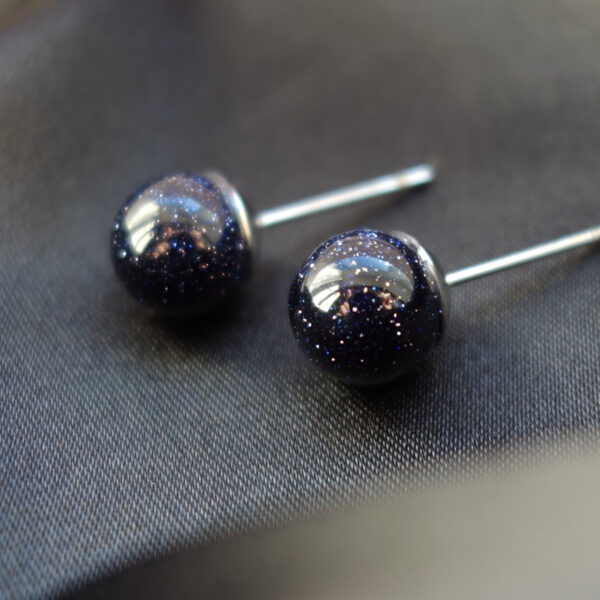 Cosmic Blue Goldstone Stud Earrings Sandstone Glass Beads Hypoallergic Stainless Steel