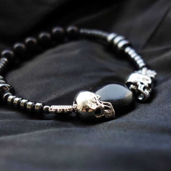 Cosmic Mortality Skull Bracelet Metal Punk Pirate Style Hematite Hematine Cosmic Blue Sandstone Goldstone Glass Gears