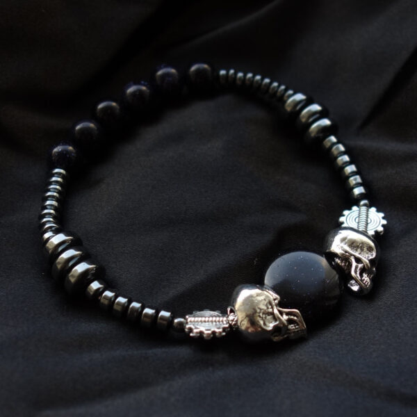 Cosmic Mortality Skull Bracelet Metal Punk Pirate Style Hematite Hematine Cosmic Blue Sandstone Goldstone Glass Gears