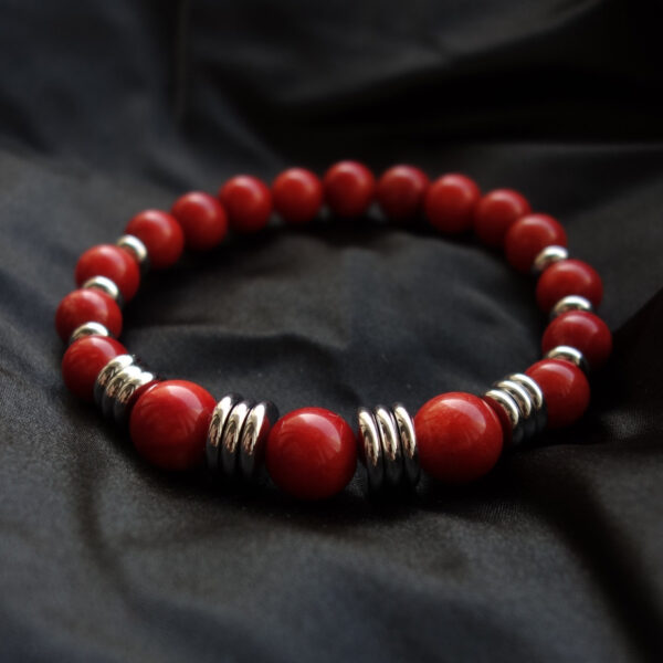 Coral Red Chalcedony Semi-precious gem stone Bracelet Hypoallergic Stainless Steel