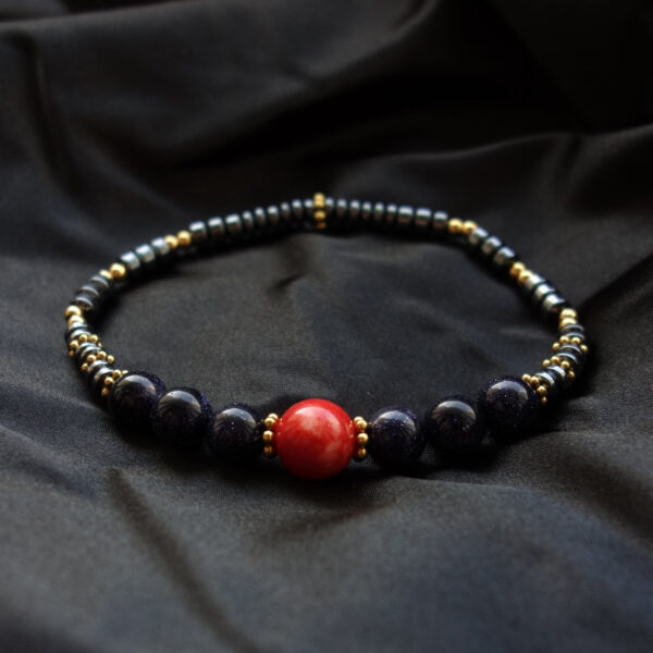 Red Star Alignment Bracelet Coral Red Chalcedony Cosmic Blue Sandstone Goldstone Semi-precious gem stone Bracelet Hypoallergic Stainless Steel