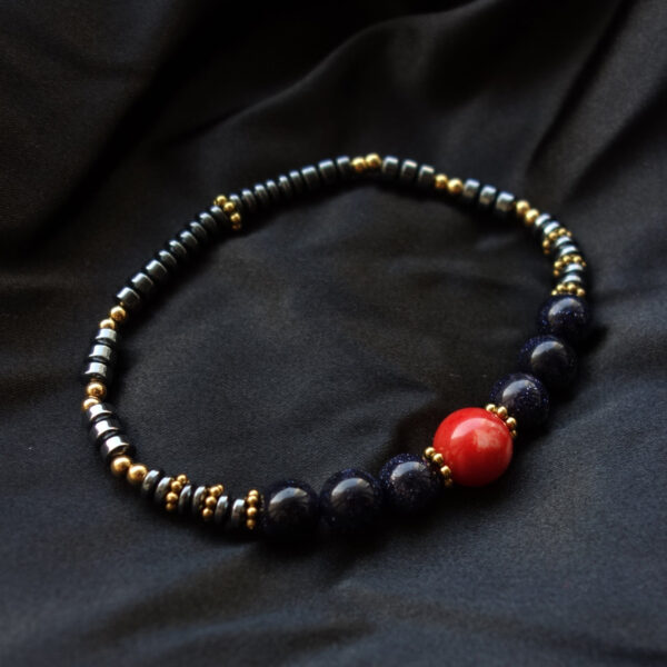 Red Star Alignment Bracelet Coral Red Chalcedony Cosmic Blue Sandstone Goldstone Semi-precious gem stone Bracelet Hypoallergic Stainless Steel