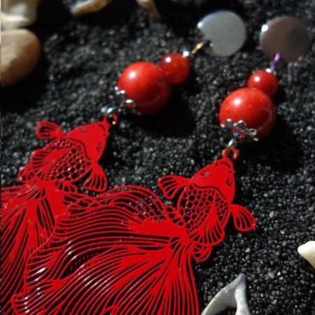 Koi Fish Earrings with Coral Red Chalcedony