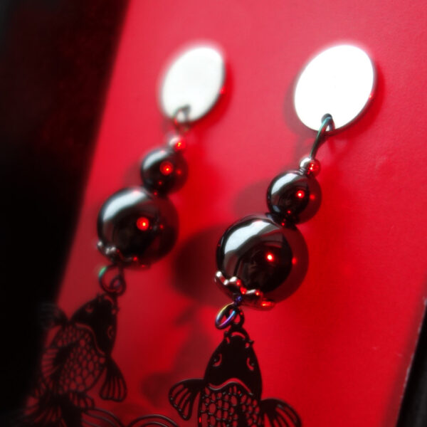 Koi Fish Earrings with Midnight Silver Hematite Hematine Hypoallergic Stainless Steel Studs