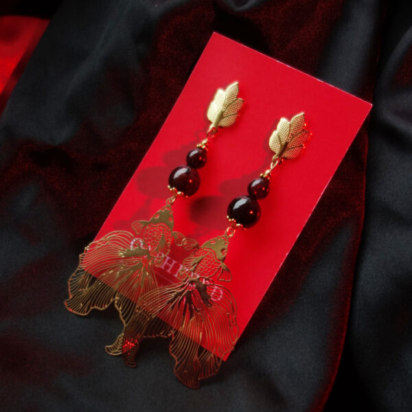 Brass Koi Fish Almandine red Garnet Hypoallergic Stainless Steel Drop Earrings