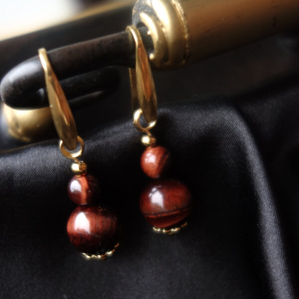 Red Tiger's Eye Earrings Semi-Precious Stone Hypoallergic Stainless Steel