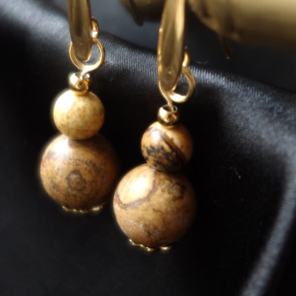 Picture Jasper Earrings Semi-Precious Gemstone Beads Hypoallergic Stainless Steel