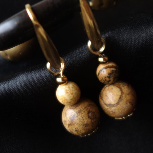 Picture Jasper Earrings Semi-Precious Gemstone Beads Hypoallergic Stainless Steel