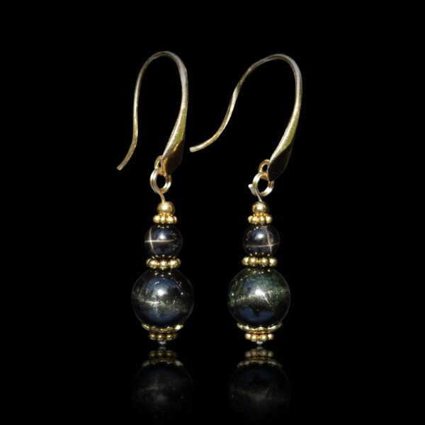 Black Star Diopside Earrings Semi-Precious Stone Beads Real 18k Gold Plated 925 Sterling Silver Hooks