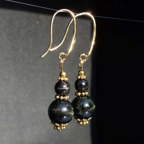 Black Star Diopside Earrings Semi-Precious Stone Beads Real 18k Gold Plated 925 Sterling Silver Hooks