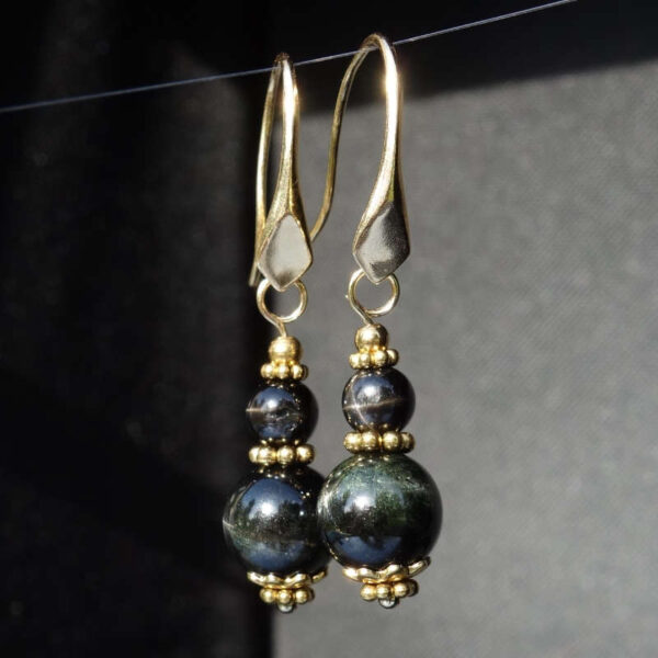 Black Star Diopside Earrings Semi-Precious Stone Beads Real 18k Gold Plated 925 Sterling Silver Hooks