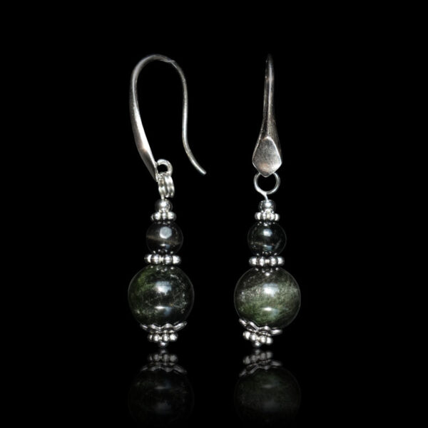 Black Star Diopside Earrings Semi-Precious Stone Beads Rhodium Plated 925 Sterling Silver Hooks