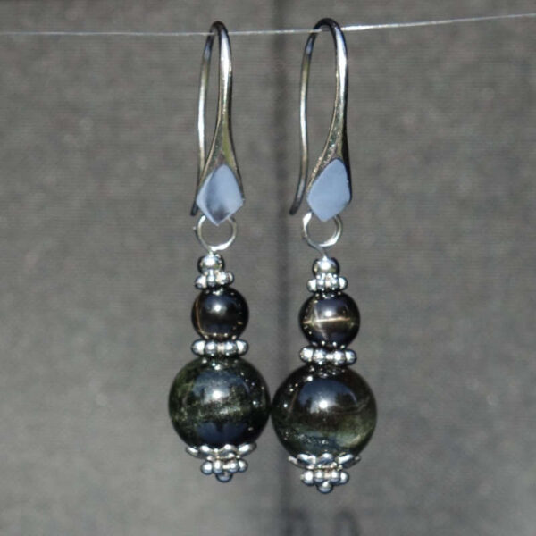 Black Star Diopside Earrings Semi-Precious Stone Beads Rhodium Plated 925 Sterling Silver Hooks