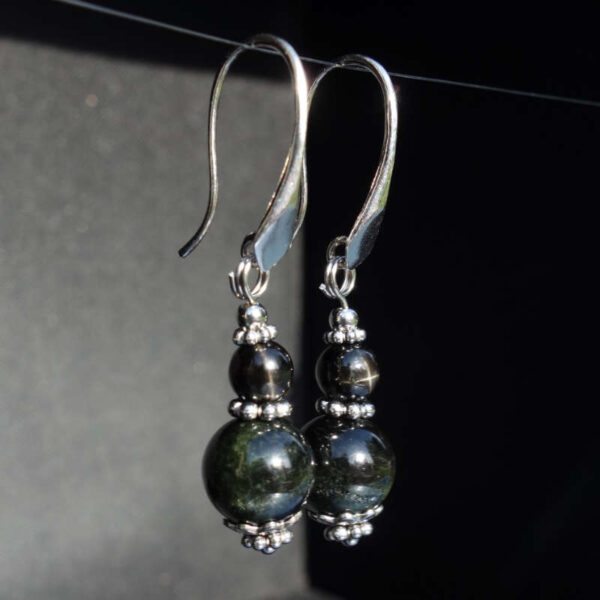 Black Star Diopside Earrings Semi-Precious Stone Beads Rhodium Plated 925 Sterling Silver Hooks