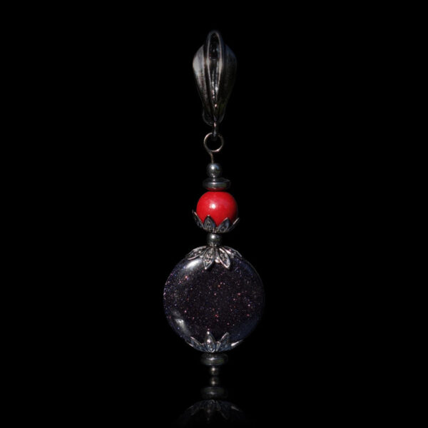 Blue Goldstone Sandstone Glass and Vermillion Cinnabar Beaded Single Drop Hypoallergic English Lock Hook Earring Pirate Punk Style