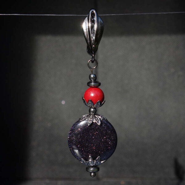 Blue Goldstone Sandstone Glass and Vermillion Cinnabar Beaded Single Drop Hypoallergic English Lock Hook Earring Pirate Punk Style