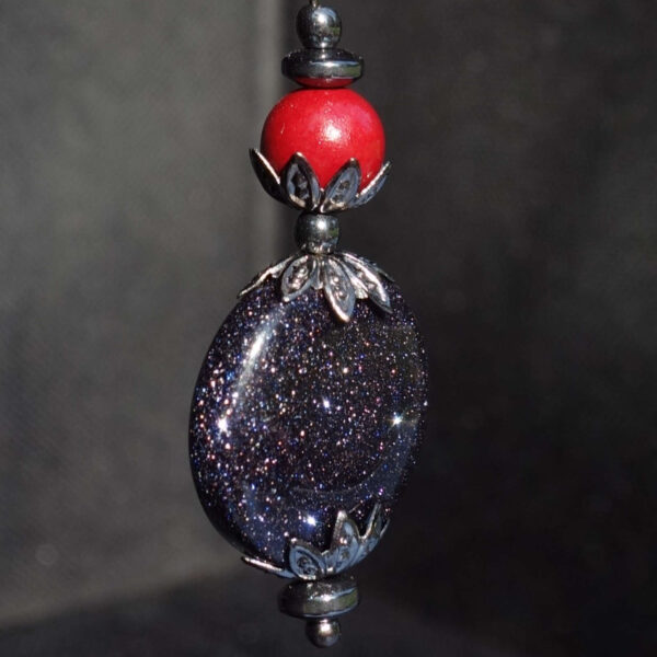 Blue Goldstone Sandstone Glass and Vermillion Cinnabar Beaded Single Drop Hypoallergic English Lock Hook Earring Pirate Punk Style