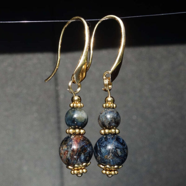 Blue Namibia Tempest Pietersite Eagle's Eye Earring Semi-Precious Stone Beads Real 18k Gold Plated 925 Sterling Silver Hooks