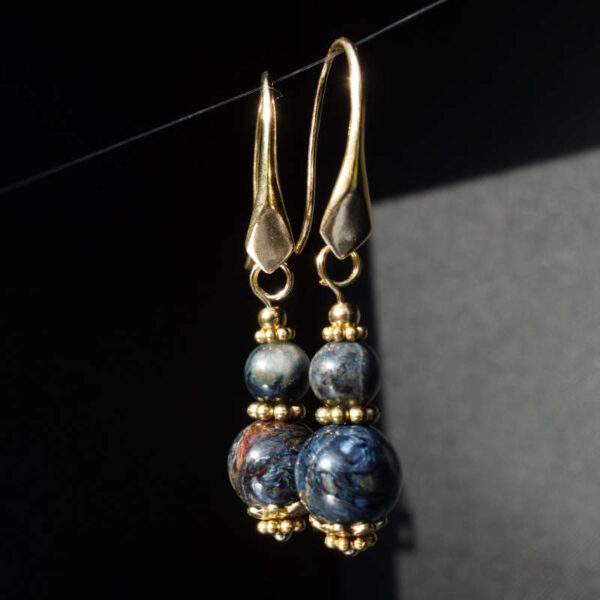 Blue Namibia Tempest Pietersite Eagle's Eye Earring Semi-Precious Stone Beads Real 18k Gold Plated 925 Sterling Silver Hooks