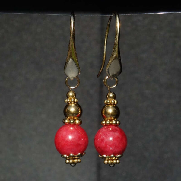 Vivid Rhodonite Earrings Semi-Precious Stone Beads Real 18k Gold Plated 925 Sterling Silver Hooks