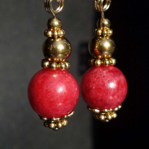 Vivid Rhodonite Earrings Semi-Precious Stone Beads Real 18k Gold Plated 925 Sterling Silver Hooks