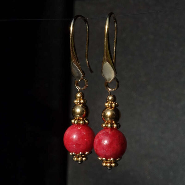 Vivid Rhodonite Earrings Semi-Precious Stone Beads Real 18k Gold Plated 925 Sterling Silver Hooks