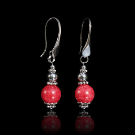 Vivid Rhodonite Earrings Semi-Precious Stone Beads Rhodium Plated 925 Sterling Silver Hooks