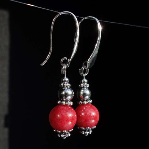 Vivid Rhodonite Earrings Semi-Precious Stone Beads Rhodium Plated 925 Sterling Silver Hooks