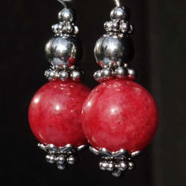 Vivid Rhodonite Earrings Semi-Precious Stone Beads Rhodium Plated 925 Sterling Silver Hooks