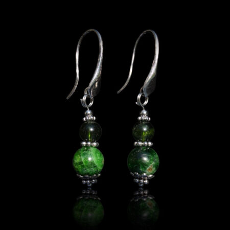 Chrome Diopside Earrings Semi-Precious Stone Beads Rhodium Plated 925 Sterling Silver Hooks