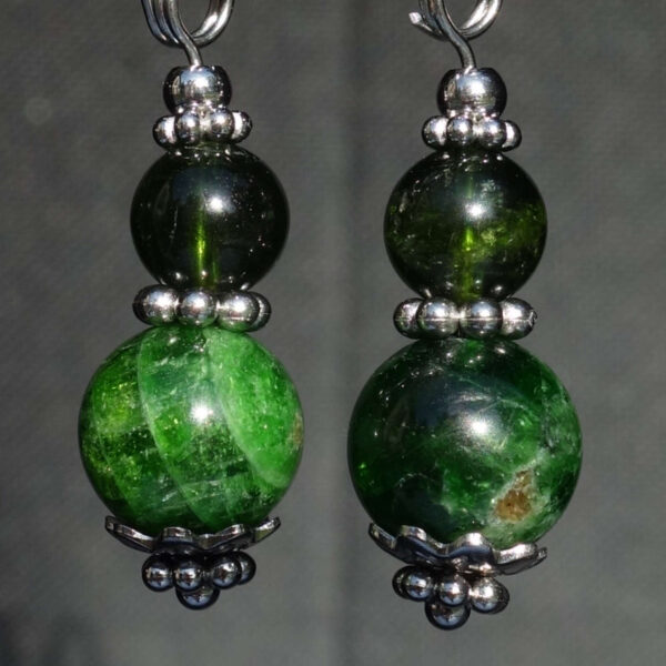 Chrome Diopside Earrings Semi-Precious Stone Beads Rhodium Plated 925 Sterling Silver Hooks