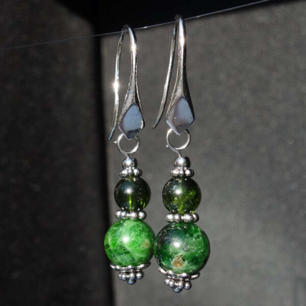 Chrome Diopside Earrings Semi-Precious Stone Beads Rhodium Plated 925 Sterling Silver Hooks