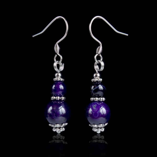 Dark Purple Dyed Agate Earrings Semi-Precious Stone Hypoallergic Stainless Steel Hooks