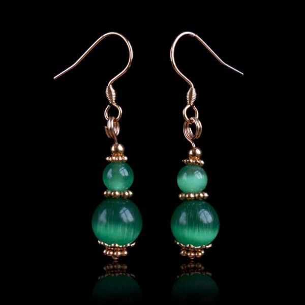 Emerald Green Chatoyant Glass Earrings Art Glass Cat's Eye Round Beads Hypoallergic Stainless Steel Hooks