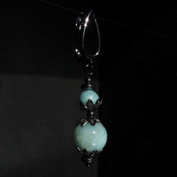 Natural Larimar Pectolite Earring Semi-Precious Stone Round Bead Hypoallergic English Lock Hook