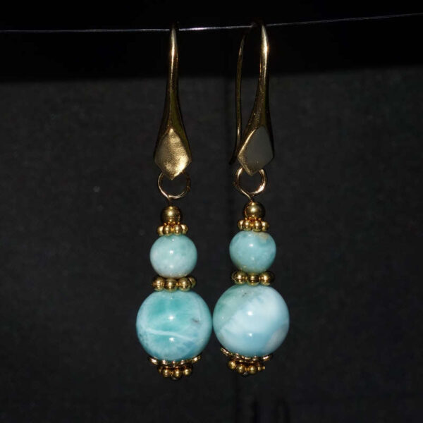 Natural Larimar Earrings Semi-Precious Stone Beads Real 18k Gold Plated 925 Sterling Silver Hooks