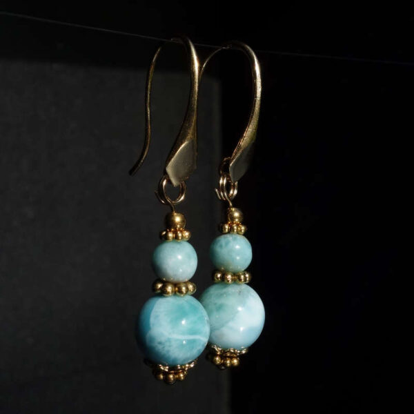 Natural Larimar Earrings Semi-Precious Stone Beads Real 18k Gold Plated 925 Sterling Silver Hooks