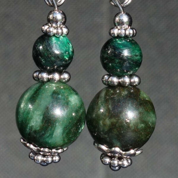 Emerald in Fuchsite Earrings Semi-Precious Stone Beads Rhodium Plated 925 Sterling Silver Hooks