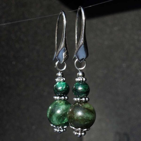 Emerald in Fuchsite Earrings Semi-Precious Stone Beads Rhodium Plated 925 Sterling Silver Hooks